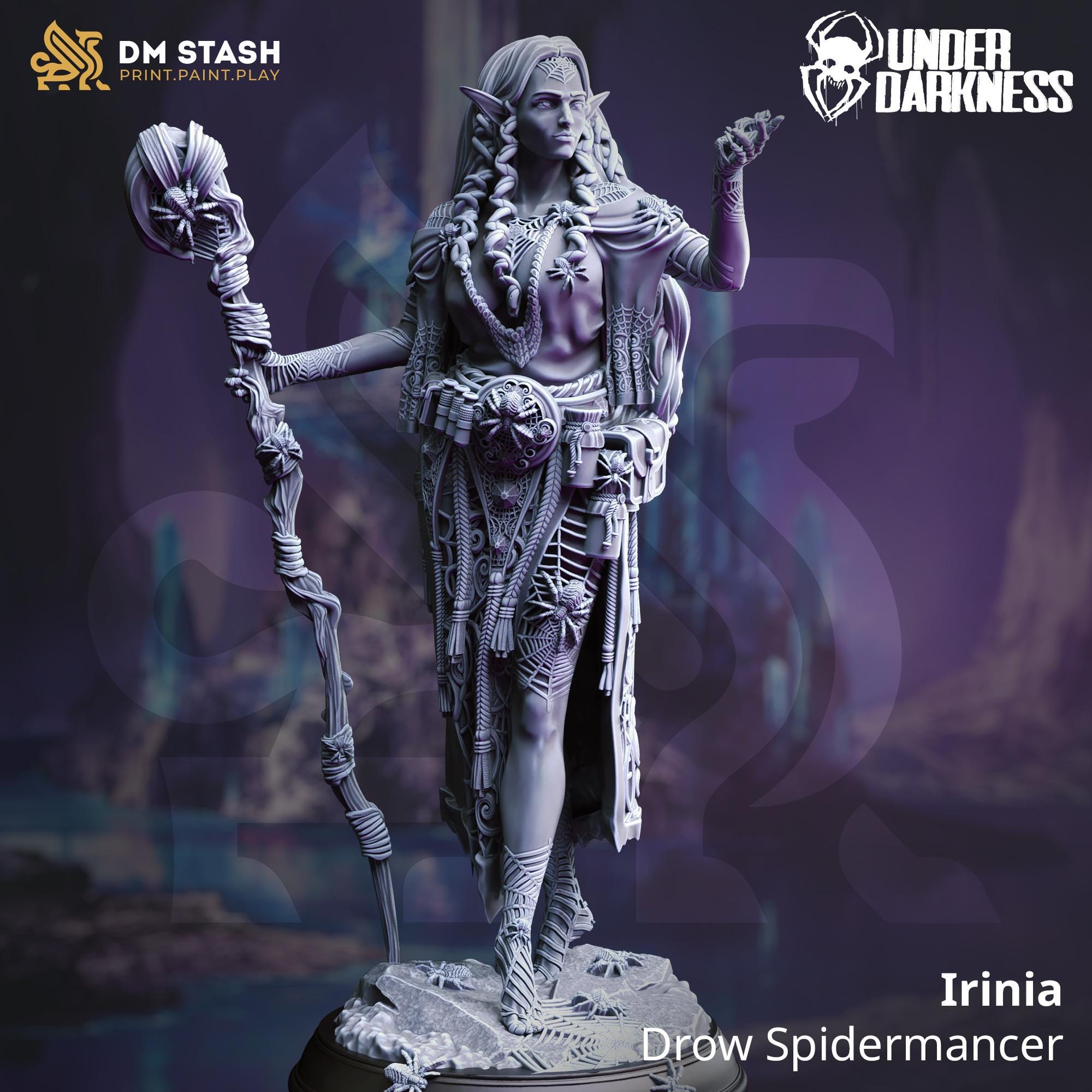 Irinia  | Female Drow Dark Elf Mage Sorcerer Warlock Wizard | 32mm / 28mm / 75mm | Ideal for Tabletop RPGs | Dungeons and Dragons - Dm Stash