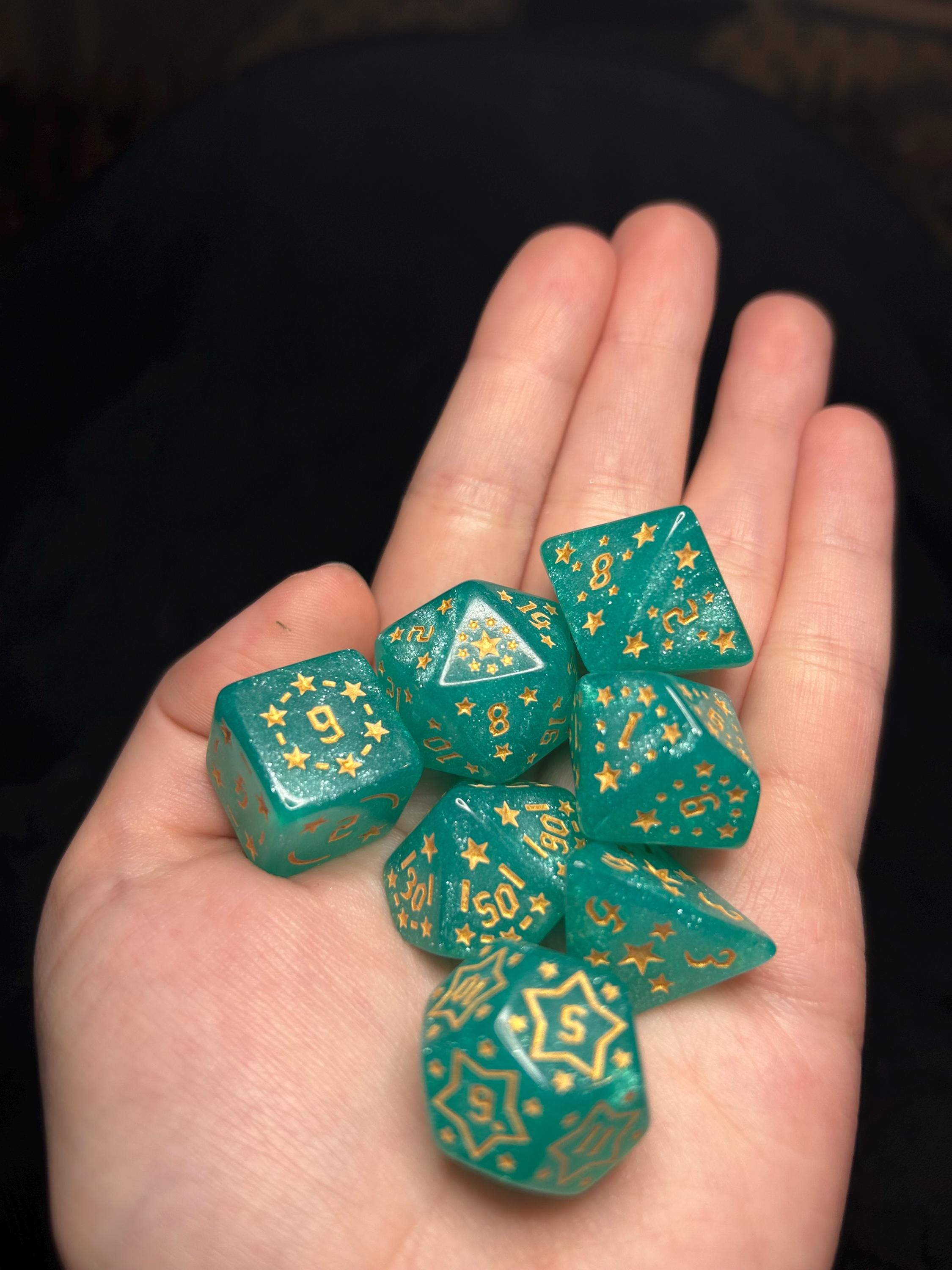 Starfall Academy | Teal Star DnD Dice Set | 7pc Sparkle Dice for Dungeons and Dragons | Celestial TTRPG Dice | Wizard School Gift Set