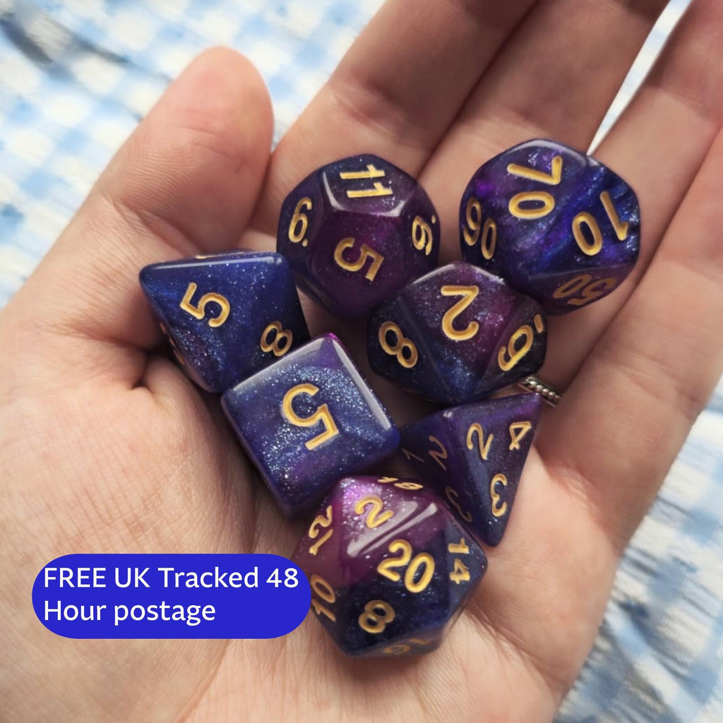 Astral Bloom | Purple Galaxy DnD Dice Set | 7pc Sparkle Acrylic Dice | Cosmic Dice for Dungeons and Dragons, TTRPG Gift, Pathfinder Dice